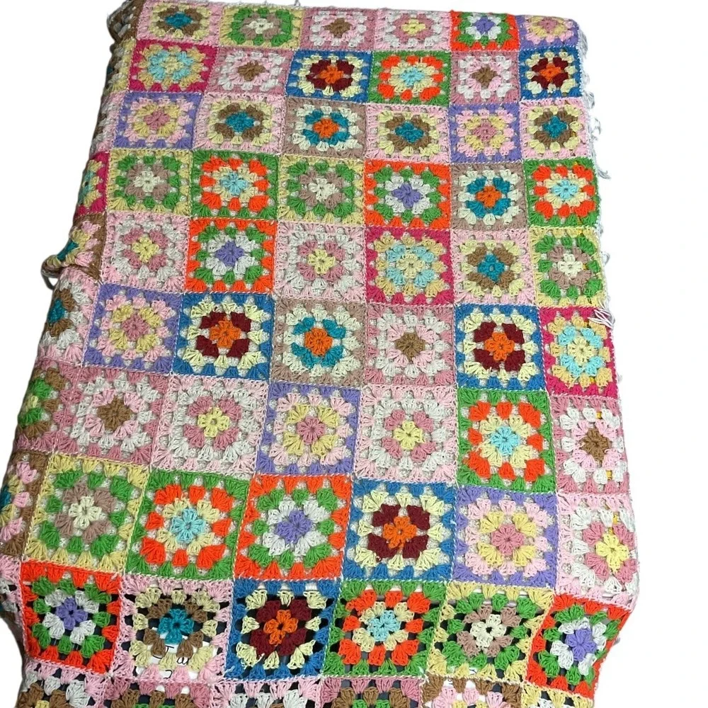 Handmade Granny Square Crochet Afghan Bedspread Blanket Colorful Vintage Style‎